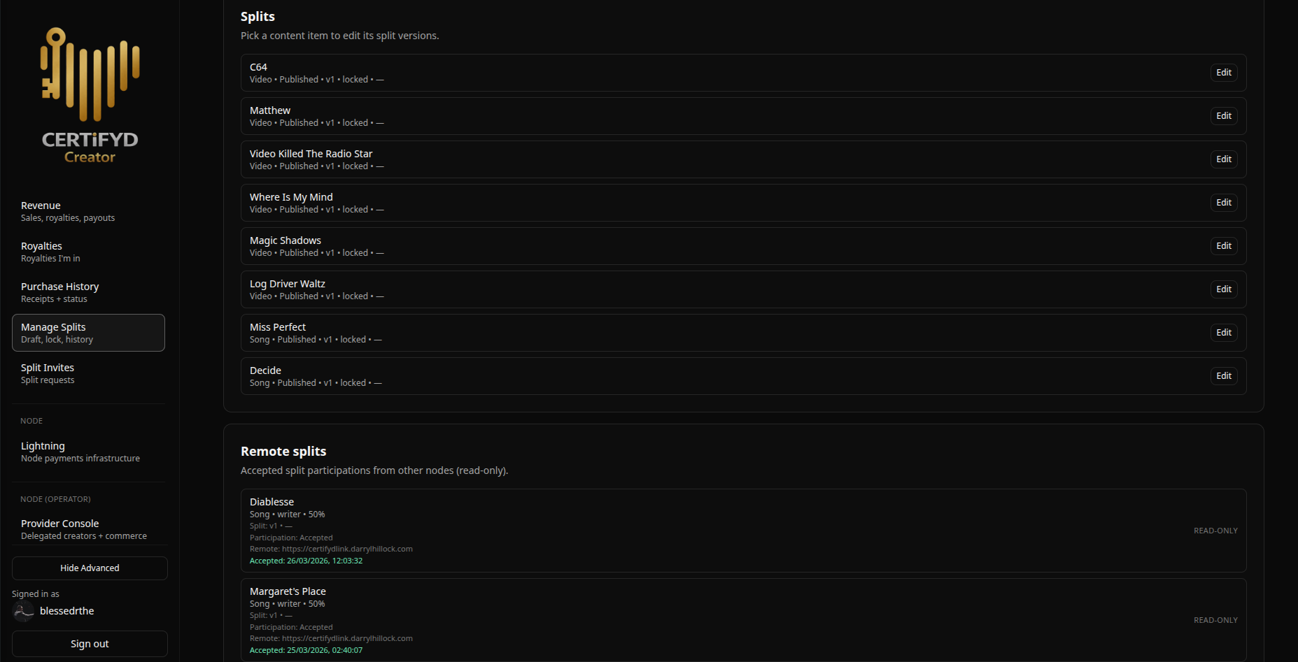Royalties view showing contributor attribution and split details